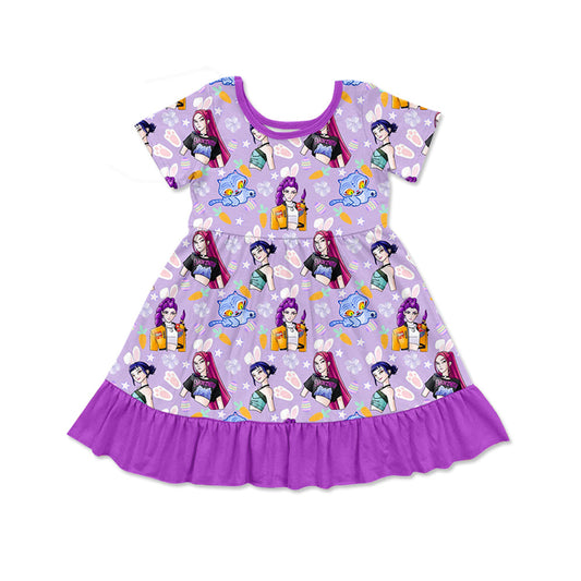 ( Moq 5 ) Preorder Baby Girls Kids Short Sleeves Rabbits Singer Easter Purple Ruffle Knee Length Dress