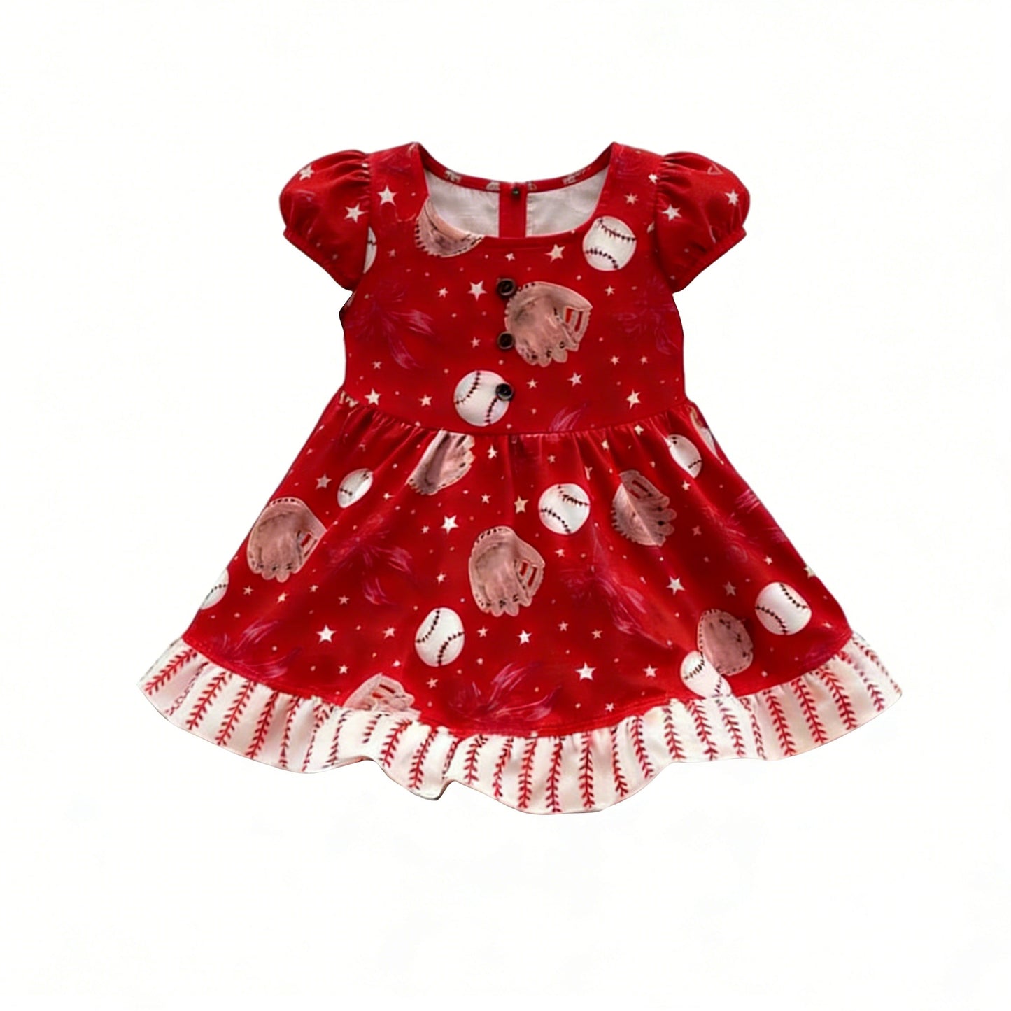 ( Moq 5 ) Preorder Baby Girls Kids Short Sleeves Baseball Red Knee Length Dress