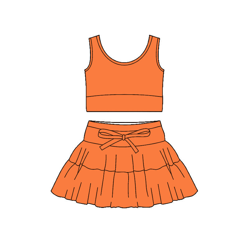 ( Moq 5 ) Preorder Baby Girls Sleeveless Orange Tops Shorts Skirt Yoga Active Clothes Set