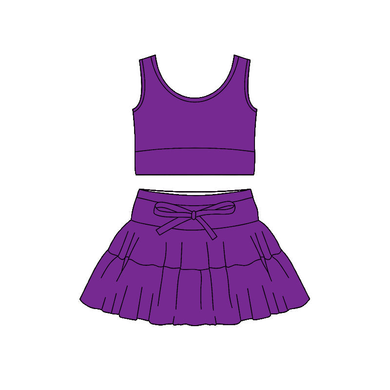( Moq 5 ) Preorder Baby Girls Sleeveless Tops Shorts Skirt Yoga Active Purple Clothes Set