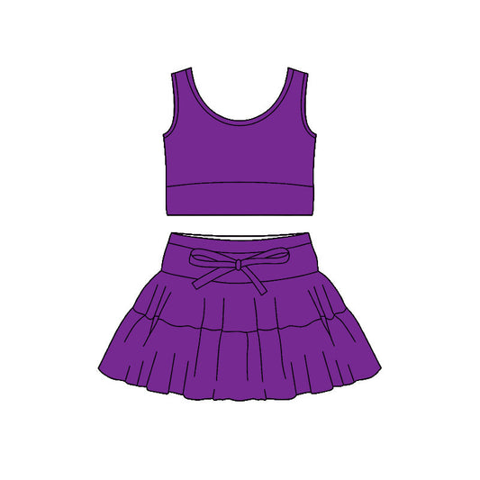 ( Moq 5 ) Preorder Baby Girls Sleeveless Tops Shorts Skirt Yoga Active Purple Clothes Set