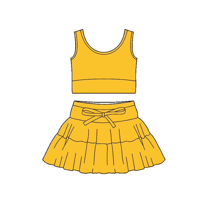 ( Moq 5 ) Preorder Baby Girls Sleeveless Yellow Tops Shorts Skirt Yoga Active Clothes Set