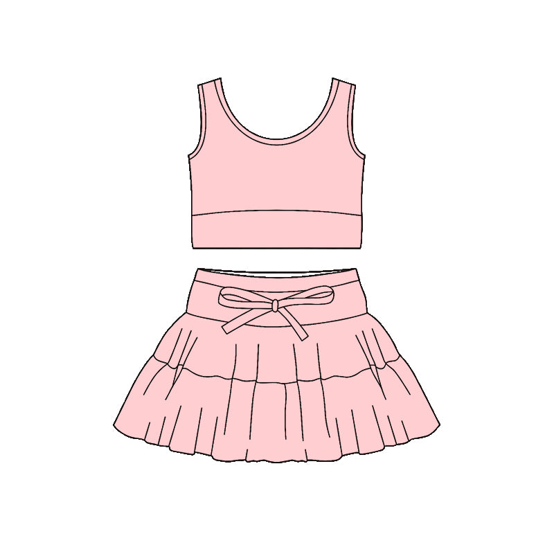 ( Moq 5 ) Preorder Baby Girls Sleeveless Pink Tops Shorts Skirt Yoga Active Clothes Set