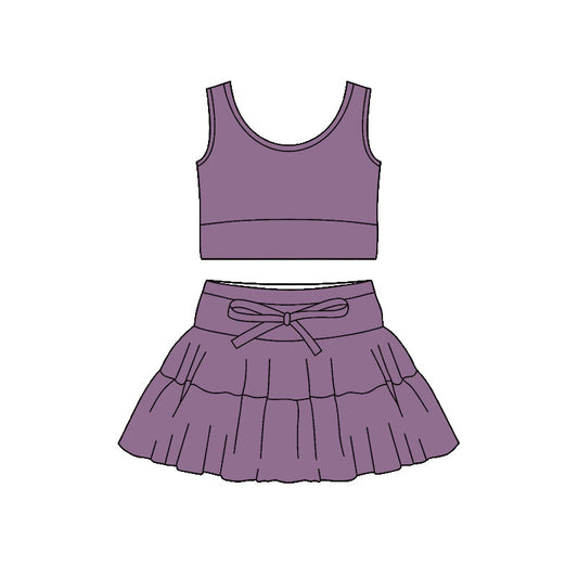 ( Moq 5 ) Preorder Baby Girls Sleeveless Purple Tops Shorts Skirt Yoga Active Clothes Set