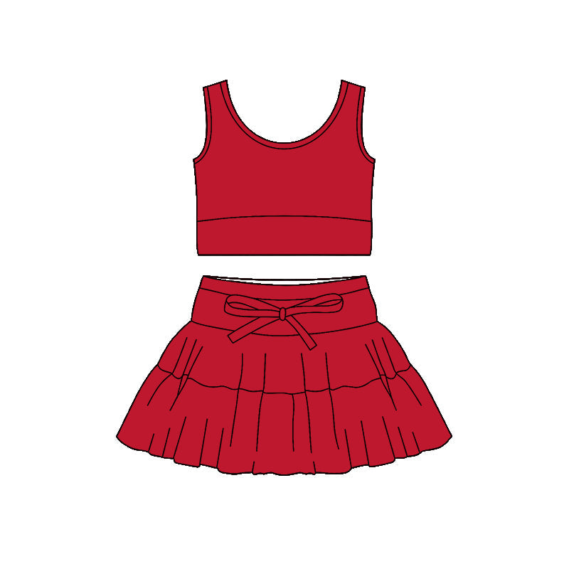 ( Moq 5 ) Preorder Baby Girls Sleeveless Red Tops Shorts Skirt Yoga Active Clothes Set