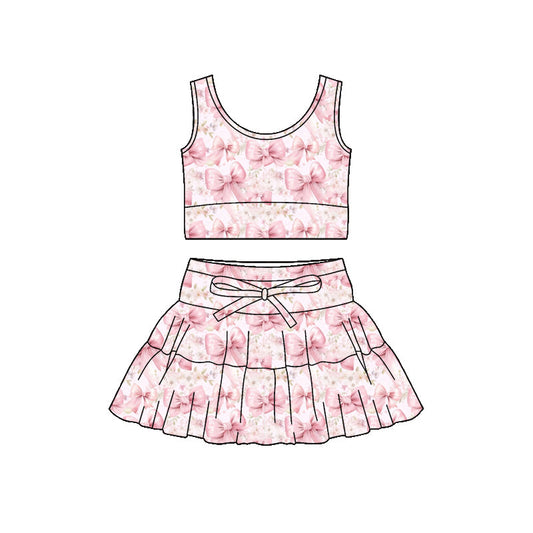 ( Moq 5 ) Preorder Baby Girls Sleeveless Bows Flower Tops Shorts Skirt Yoga Active Clothes Set