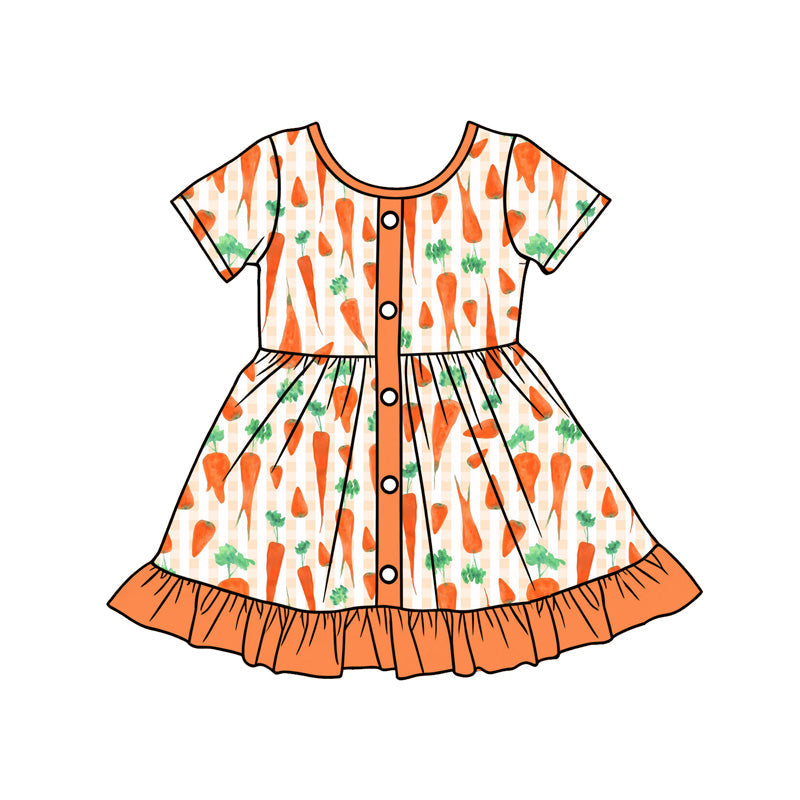 ( Moq 5 ) Preorder Baby Girls Short Sleeves Carrots Easter Buttons Ruffle Knee Length Dress