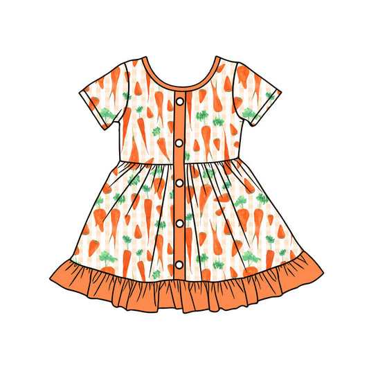 ( Moq 5 ) Preorder Baby Girls Short Sleeves Carrots Easter Buttons Ruffle Knee Length Dress