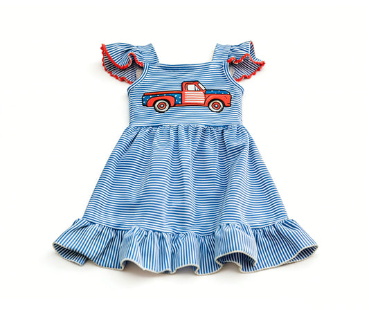 ( Moq 5 ) Preorder Baby Girls Short Sleeves Truck Blue Stripes 4th of July Knee Length Dress