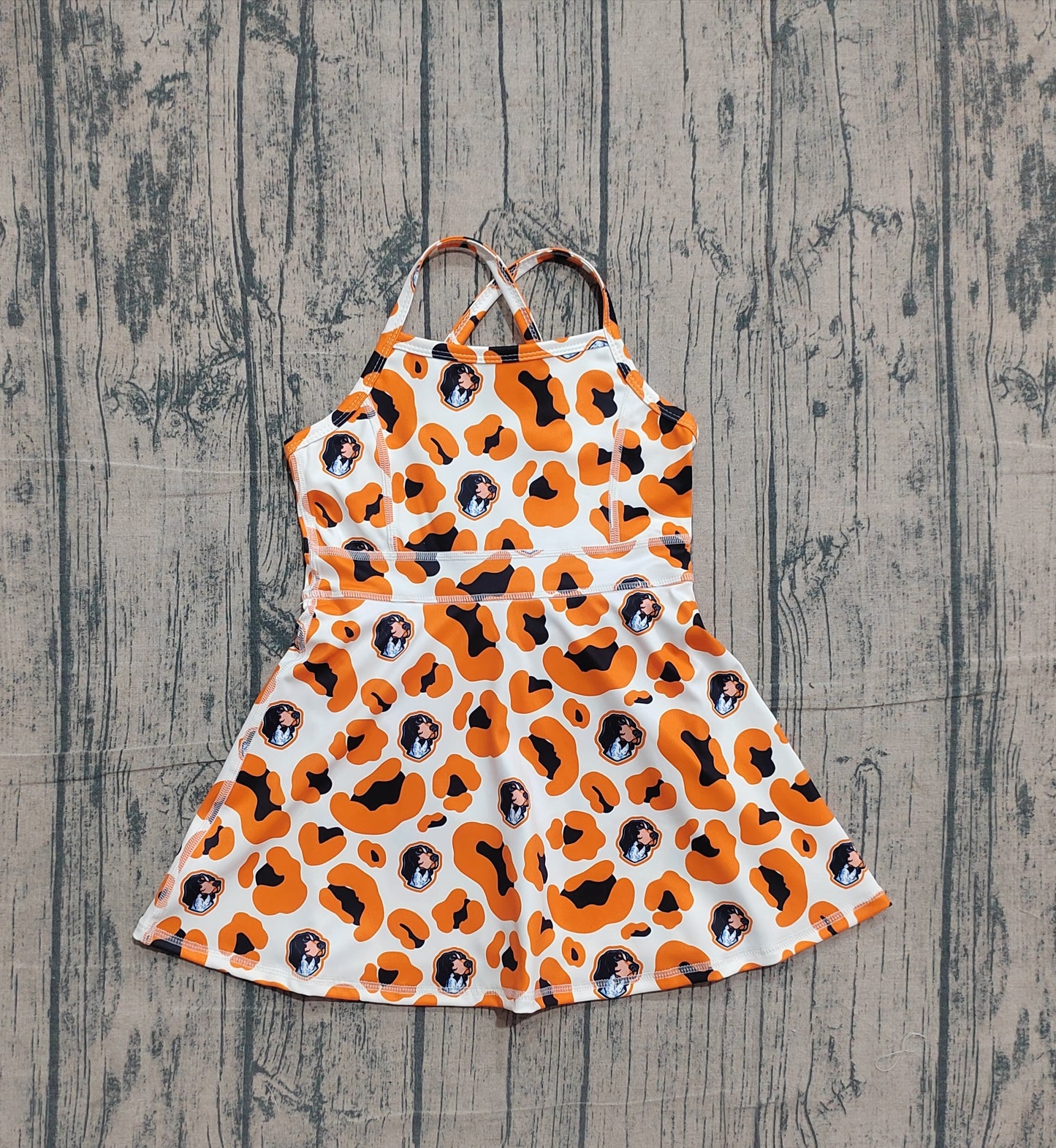 Baby Girls Kids Straps Orange Leopard Dogs Team Yoga Active Shorts Knee Length Dress RTS