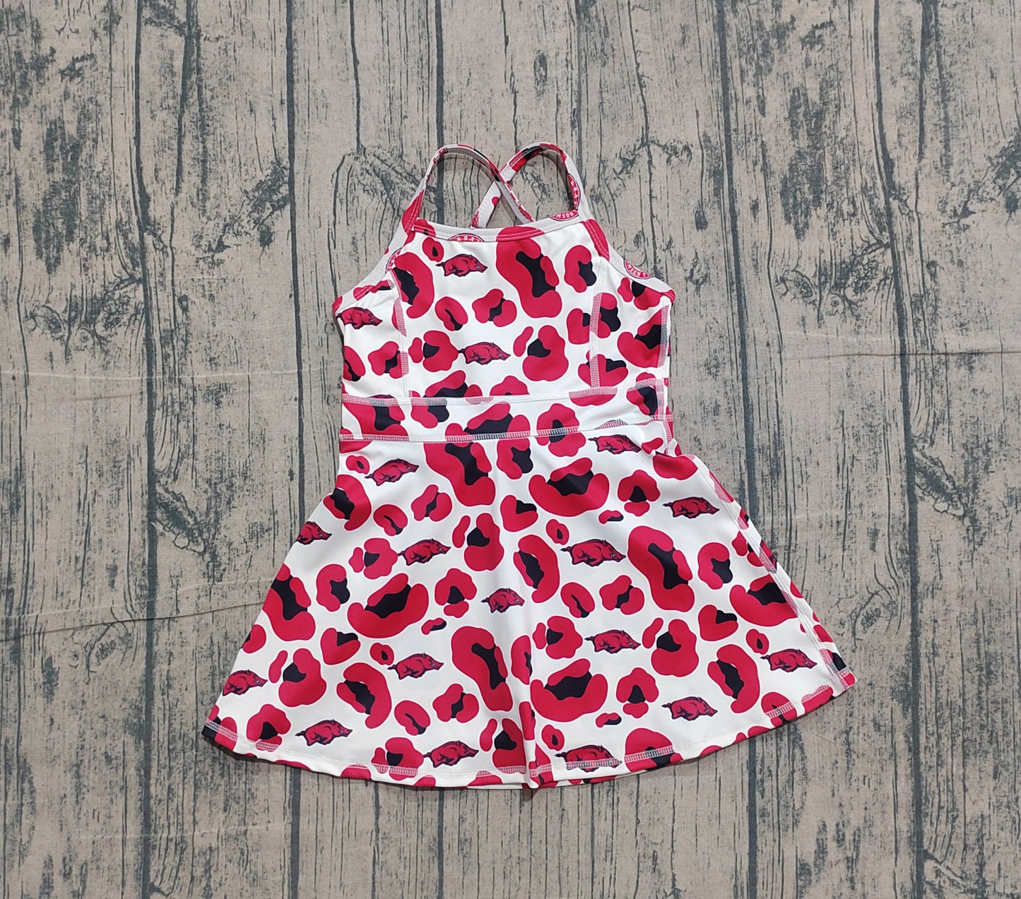 ( No moq ) Preorder Baby Girls Kids Straps Red Leopard Pigs Team Yoga Active Shorts Knee Length Dress