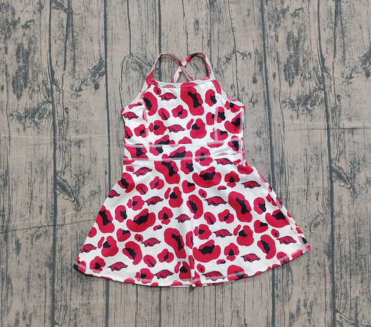 ( No moq ) Preorder Baby Girls Kids Straps Red Leopard Pigs Team Yoga Active Shorts Knee Length Dress