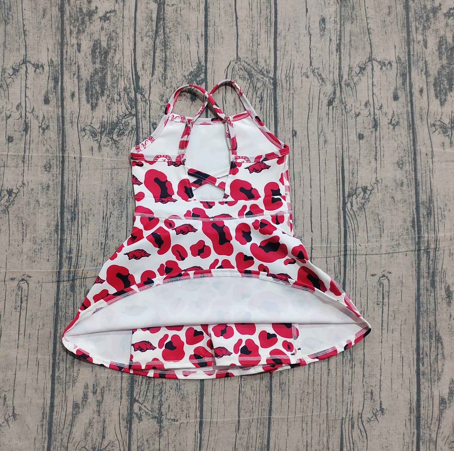 ( No moq ) Preorder Baby Girls Kids Straps Red Leopard Pigs Team Yoga Active Shorts Knee Length Dress