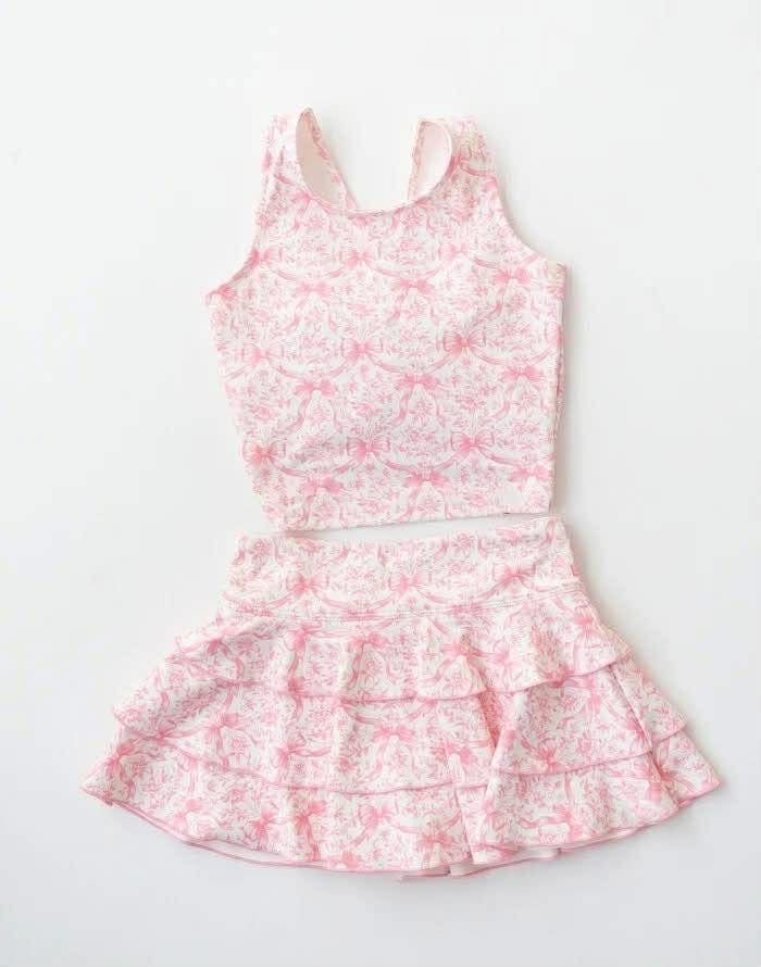 ( Moq 5 ) Preorder Baby Girls Kids Sleeveless Pink Bows Flower Tops Shorts Skirt Yoga Clothes Set