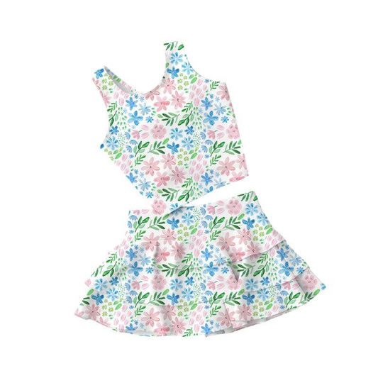 ( Moq 5 ) Preorder Baby Girls Kids Sleeveless Flower Tops Shorts Skirt Yoga Clothes Set