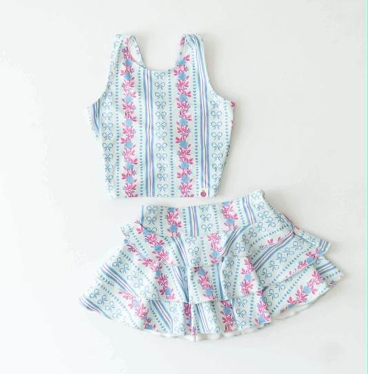( Moq 5 ) Preorder Baby Girls Kids Sleeveless Floral Bows Tops Shorts Skirt Yoga Clothes Set