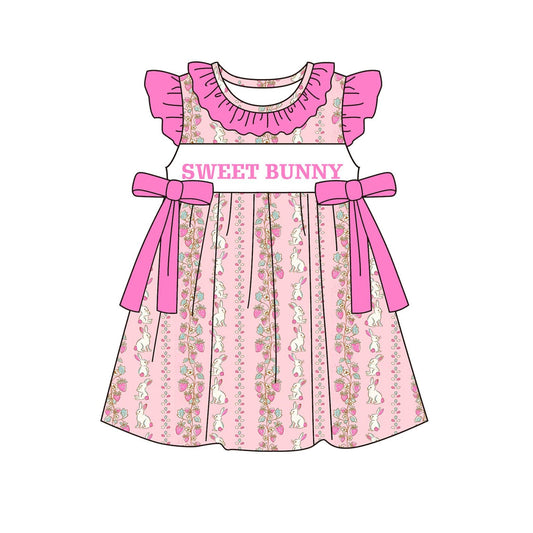 ( Moq 5 ) Preorder Baby Girls Short Sleeves Sweet Bunny Strawberry Pink Bows Easter Knee Length Dress