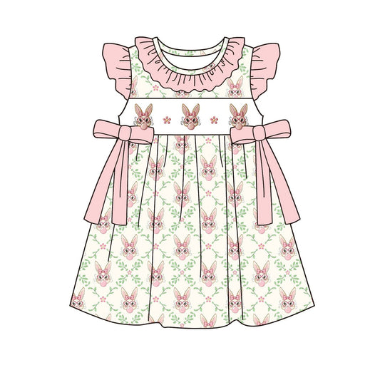 ( Moq 5 ) Preorder Baby Girls Short Sleeves Rabbits Flower Pink Bows Easter Knee Length Dress