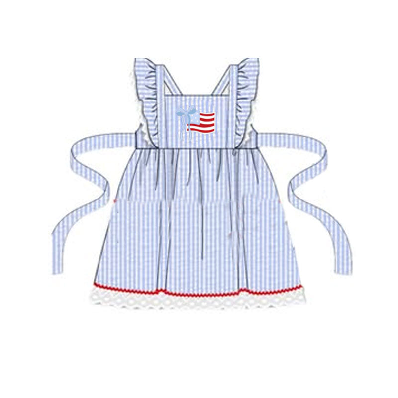 ( Moq 5 ) Preorder Baby Girls Short Sleeves Bows Flag Blue Straps 4th of July Knee Length Dress