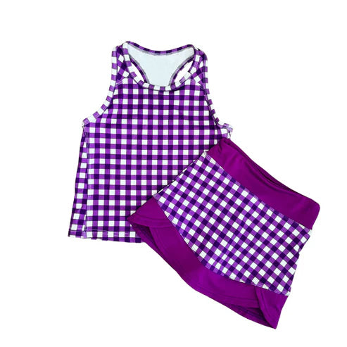 ( Moq 5 ) Preorder Baby Girls Kids Sleeveless Purple Plaid Tops Shorts Skirt Yoga Active Clothes Set