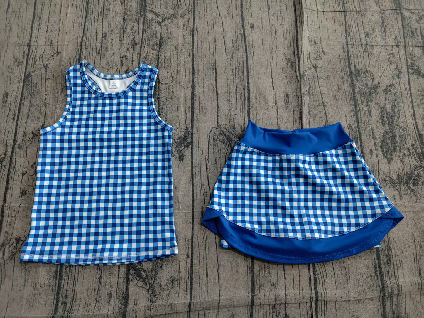 ( No moq ) Preorder Baby Girls Kids Sleeveless Blue Plaid Tops Shorts Skirt Yoga Active Clothes Set