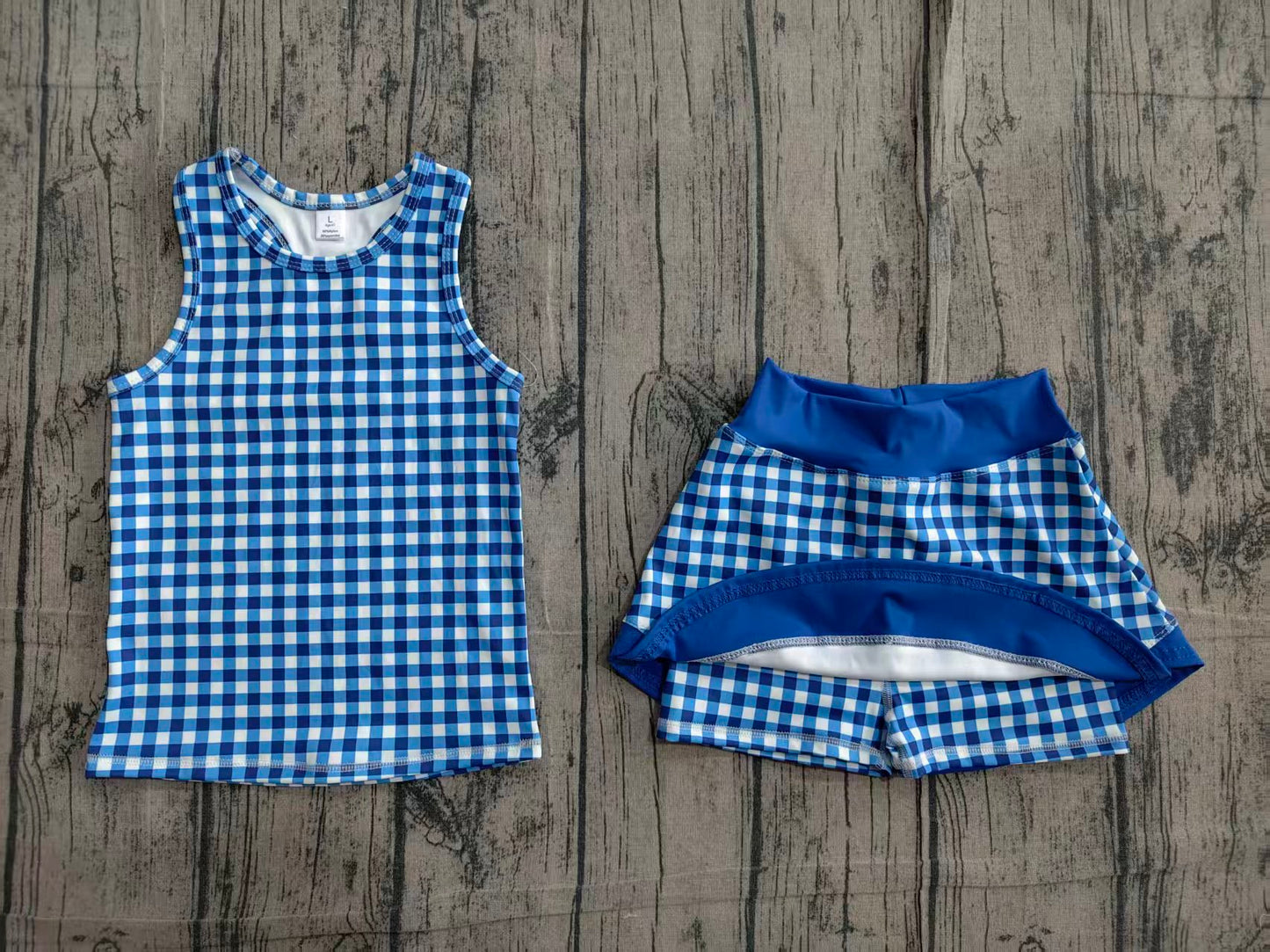 ( No moq ) Preorder Baby Girls Kids Sleeveless Blue Plaid Tops Shorts Skirt Yoga Active Clothes Set