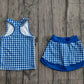 ( No moq ) Preorder Baby Girls Kids Sleeveless Blue Plaid Tops Shorts Skirt Yoga Active Clothes Set