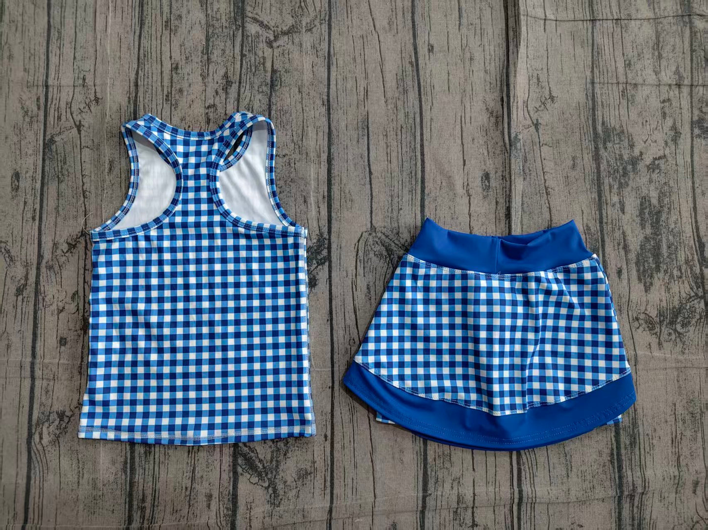( No moq ) Preorder Baby Girls Kids Sleeveless Blue Plaid Tops Shorts Skirt Yoga Active Clothes Set