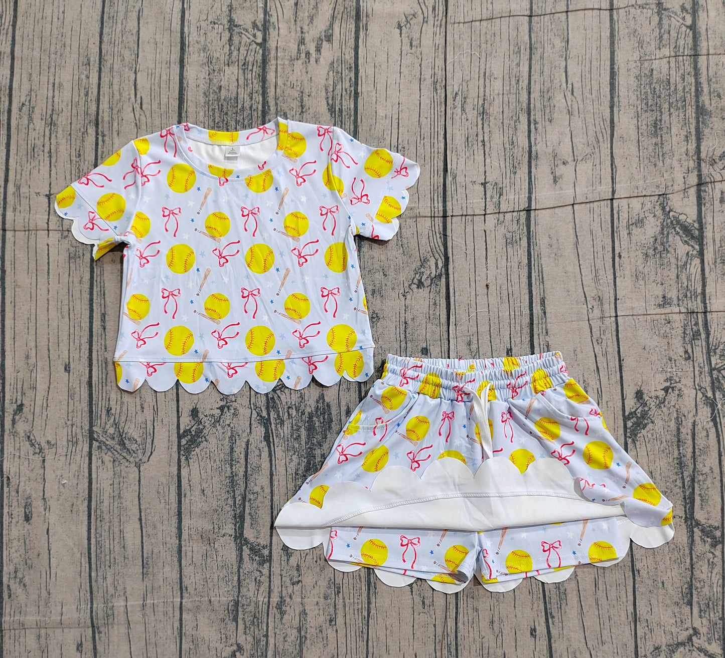 ( No moq ) Preorder Baby Girls Kids Short Sleeves Softball Bows Shirt Shorts Skirt Yoga Active Clothes Set