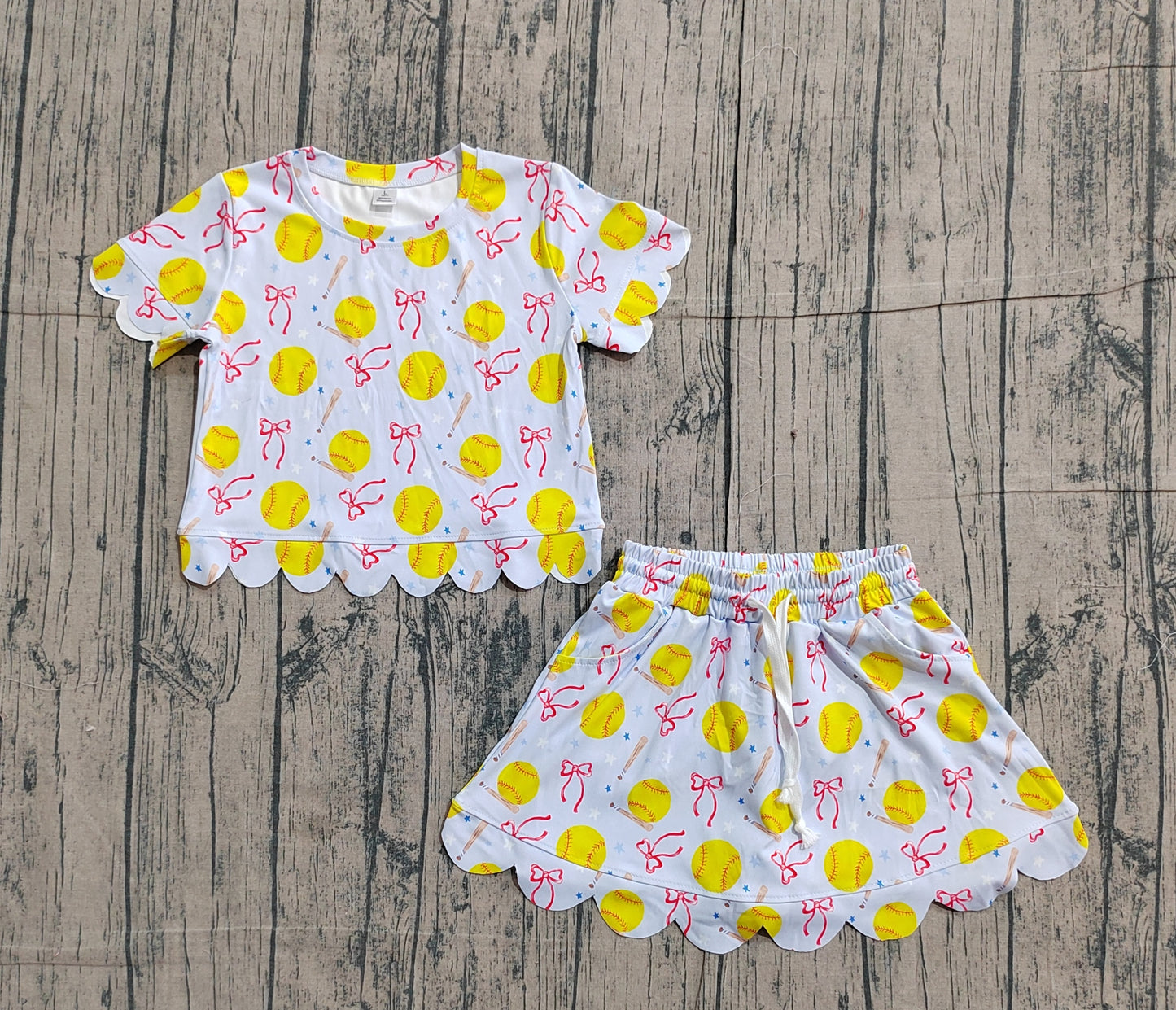 ( No moq ) Preorder Baby Girls Kids Short Sleeves Softball Bows Shirt Shorts Skirt Yoga Active Clothes Set