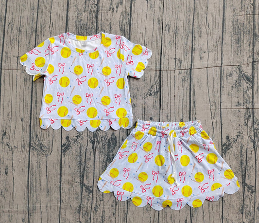 ( No moq ) Preorder Baby Girls Kids Short Sleeves Softball Bows Shirt Shorts Skirt Yoga Active Clothes Set