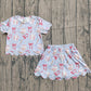 ( No moq ) Preorder Baby Girls Short Sleeves Baseball Bows Shirt Shorts Skirt Yoga Active Blue Clothes Set