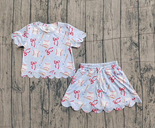 ( No moq ) Preorder Baby Girls Short Sleeves Baseball Bows Shirt Shorts Skirt Yoga Active Blue Clothes Set