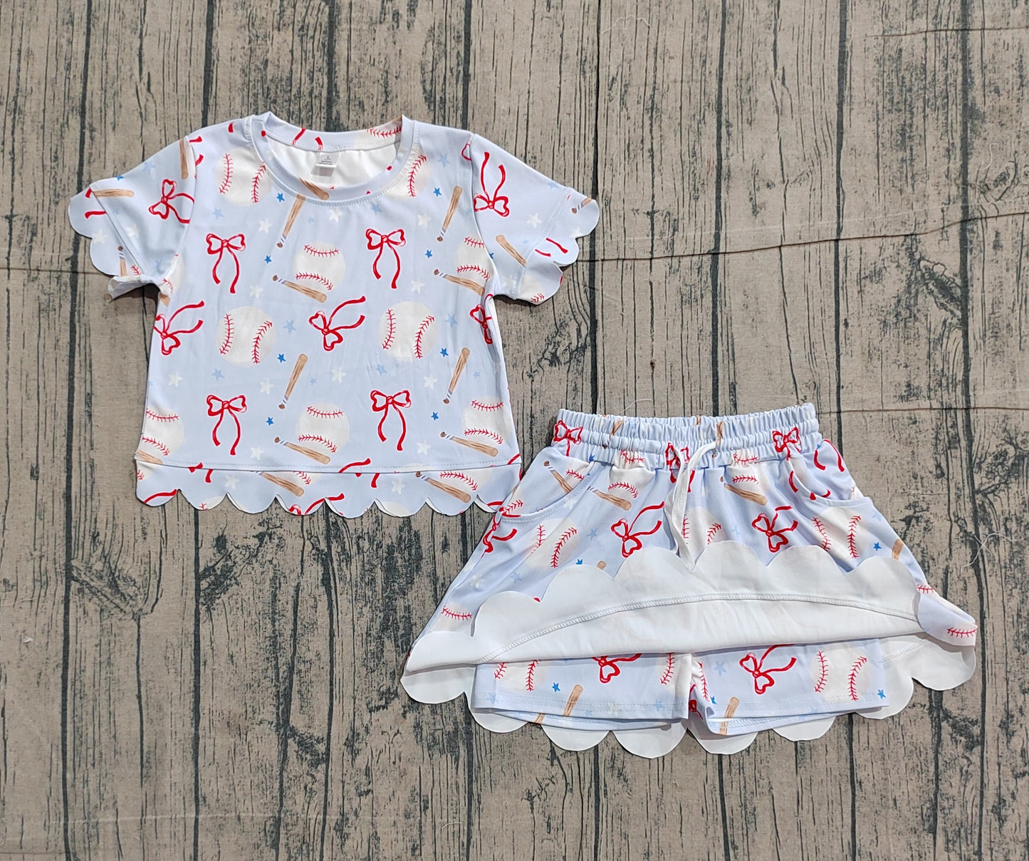( No moq ) Preorder Baby Girls Short Sleeves Baseball Bows Shirt Shorts Skirt Yoga Active Blue Clothes Set