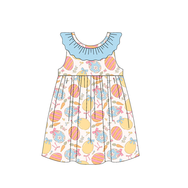 ( Moq 5 ) Preorder Baby Girls Kids Eggs Bows Flower Easter Blue Ruffle Knee Length Dress