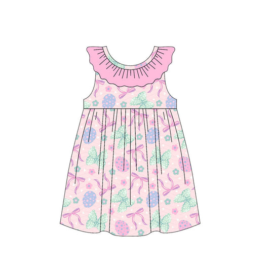 ( Moq 5 ) Preorder Baby Girls Kids Eggs Pink Bows Flower Easter Ruffle Knee Length Dress