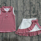 ( No moq ) Preorder Baby Girls Dark Red Stripes Buttons Tops Ruffle Shorts Skirt Yoga Clothes Set