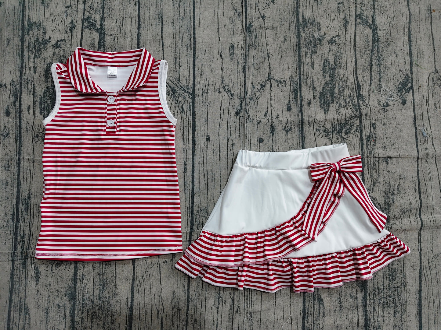 ( No moq ) Preorder Baby Girls Dark Red Stripes Buttons Tops Ruffle Shorts Skirt Yoga Clothes Set