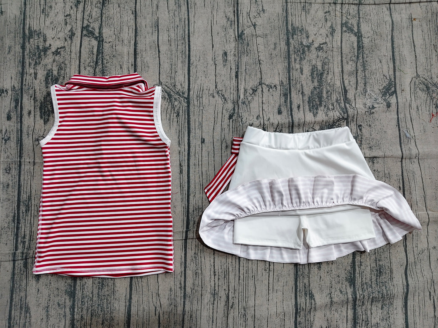 ( No moq ) Preorder Baby Girls Dark Red Stripes Buttons Tops Ruffle Shorts Skirt Yoga Clothes Set