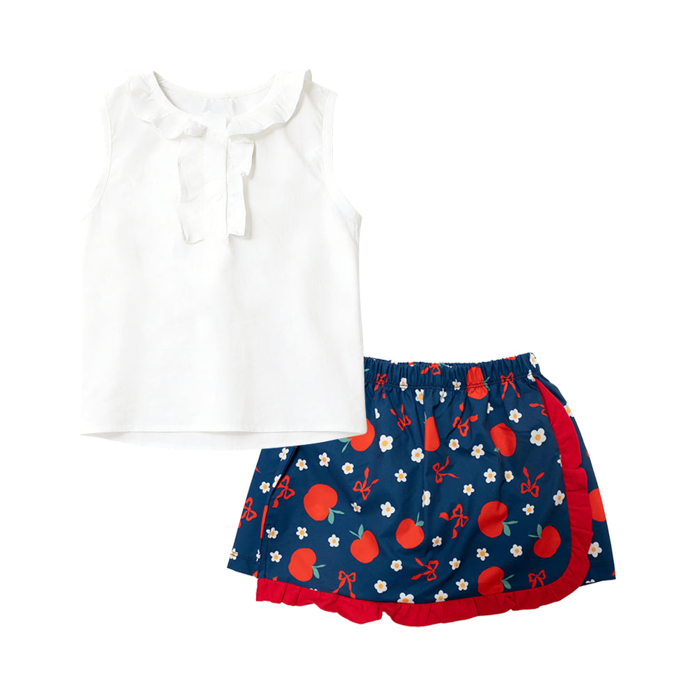 ( Moq 5 ) Preorder Baby Girls White Shirt Apple Flower Bows Shorts Skirt Back to School Clothes Set