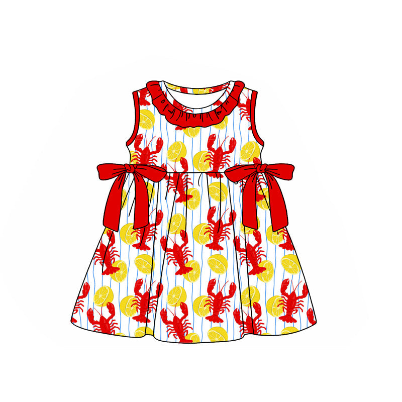 ( Moq 5 ) Preorder Baby Girls Kids Sleeveless Crawfish Lemons Red Bows Knee Length Dress