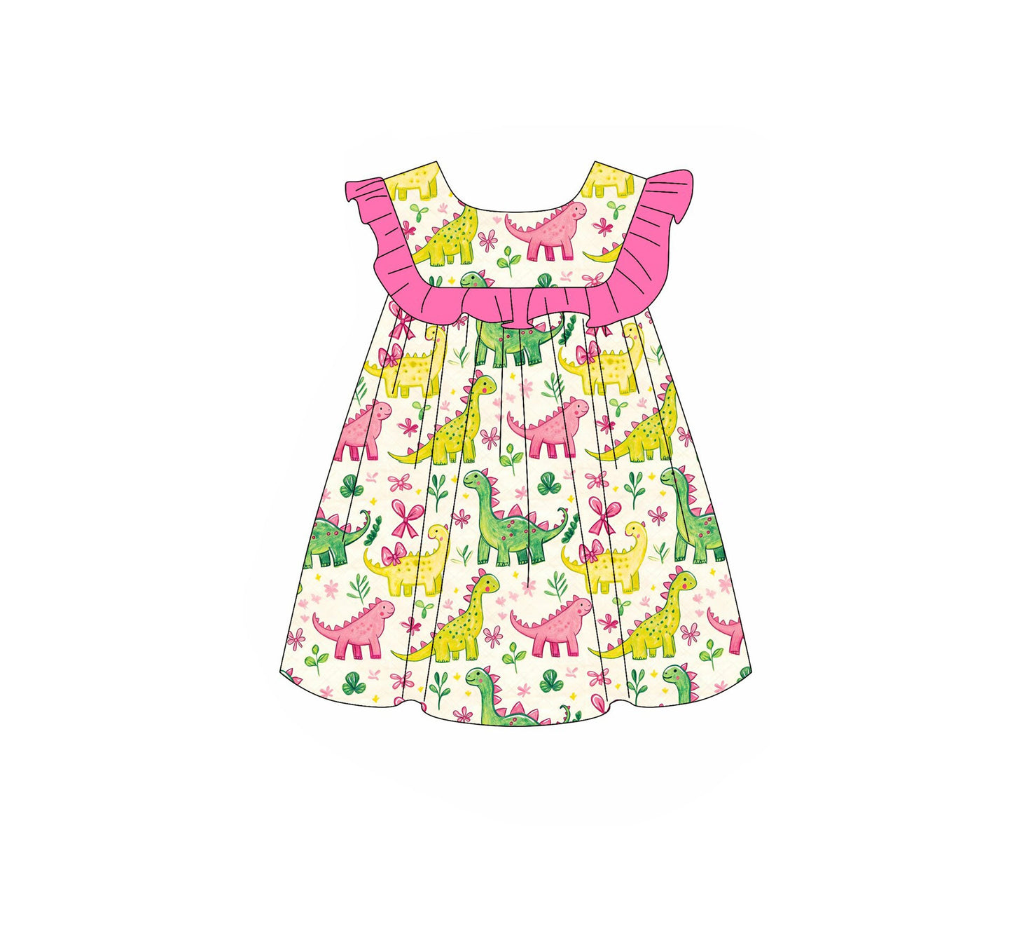 ( Moq 5 ) Preorder Baby Girls Kids Short Sleeves Dinosaurs Flower Bows Ruffle Knee Length Dress