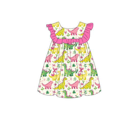 ( Moq 5 ) Preorder Baby Girls Kids Short Sleeves Dinosaurs Flower Bows Ruffle Knee Length Dress