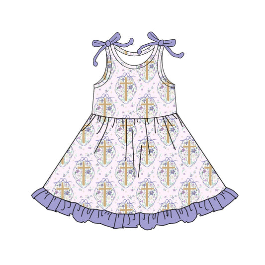 ( Moq 5 ) Preorder Baby Girls Kids Straps Crosses Floral Bows Easter Purple Ruffle Knee Length Dress