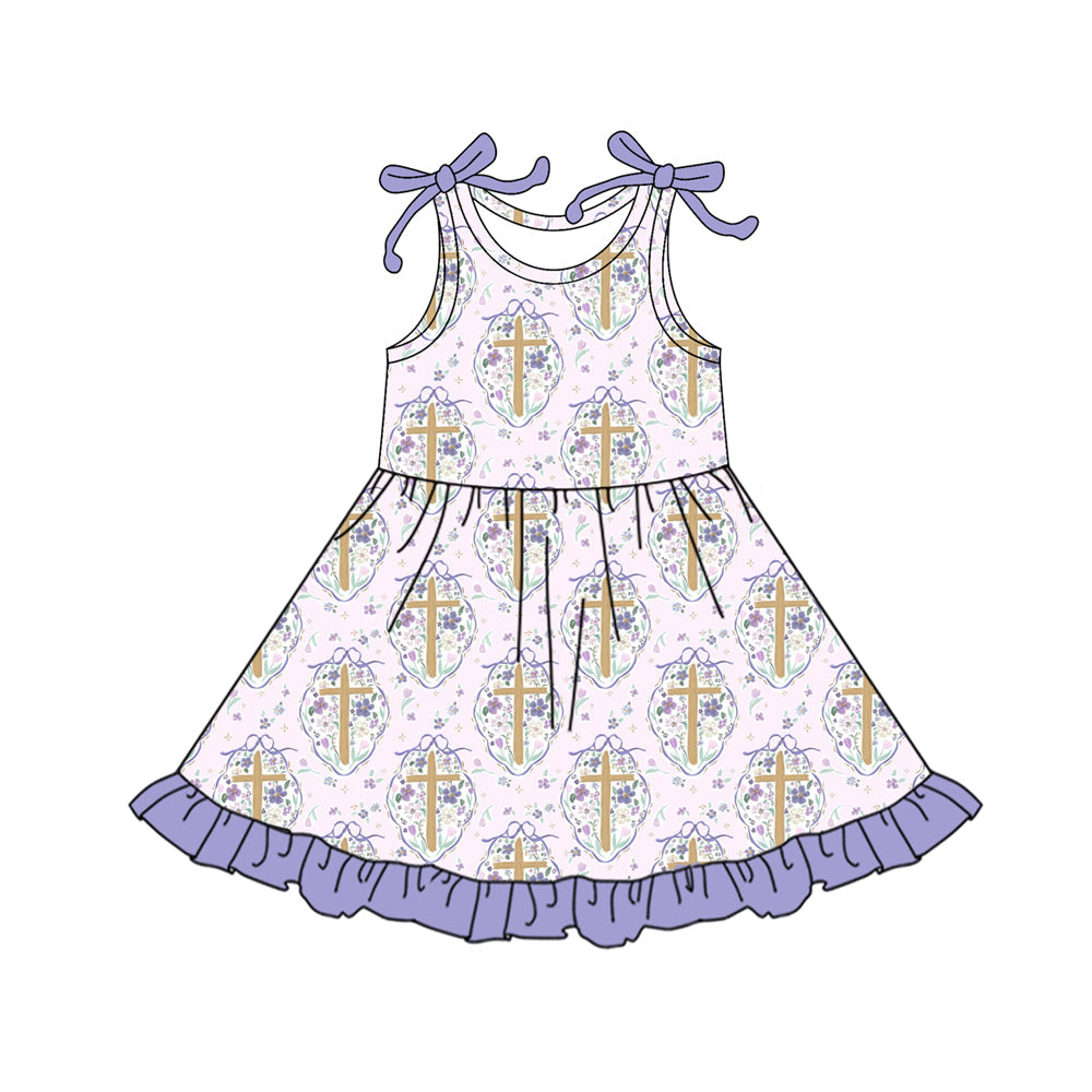 ( Moq 5 ) Preorder Baby Girls Kids Straps Crosses Floral Bows Easter Purple Ruffle Knee Length Dress