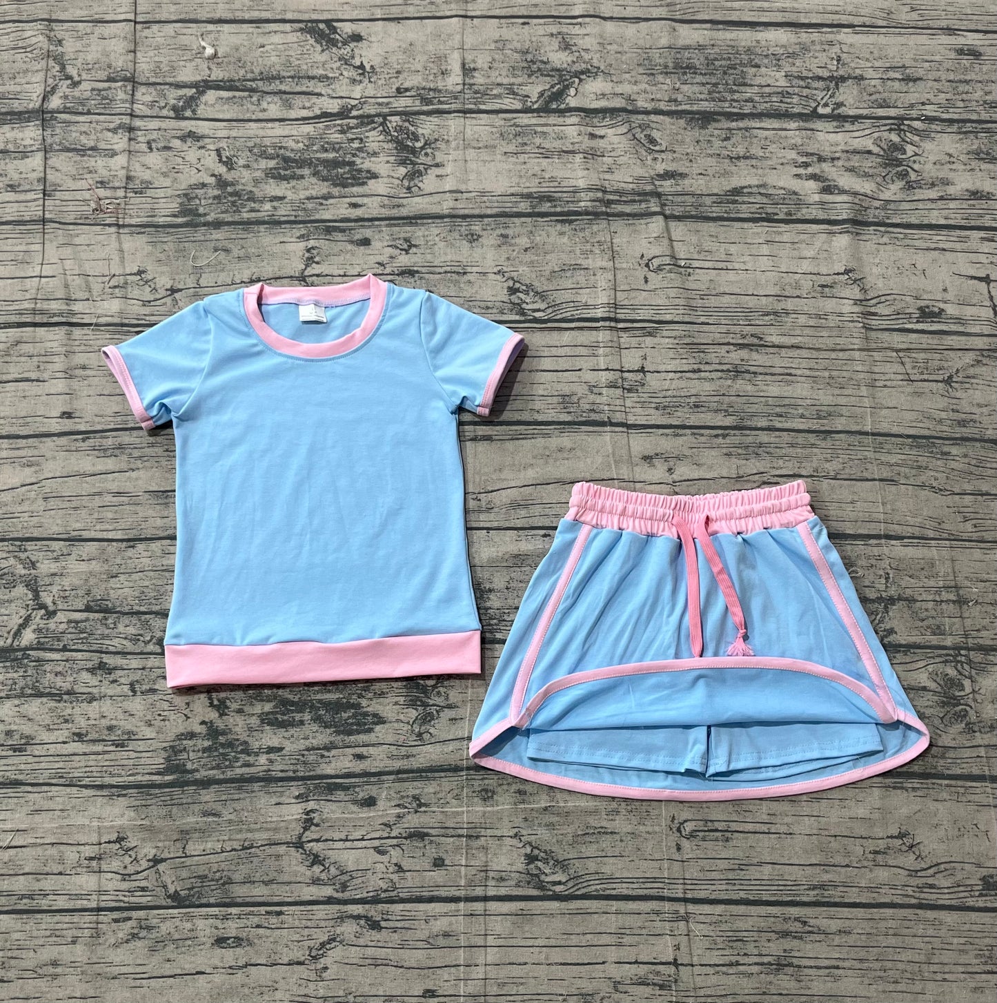 Baby Girls Kids Short Sleeves Shirt Skirt Shorts Blue Cotton Clothes Set RTS