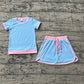Baby Girls Kids Short Sleeves Shirt Skirt Shorts Blue Cotton Clothes Set RTS