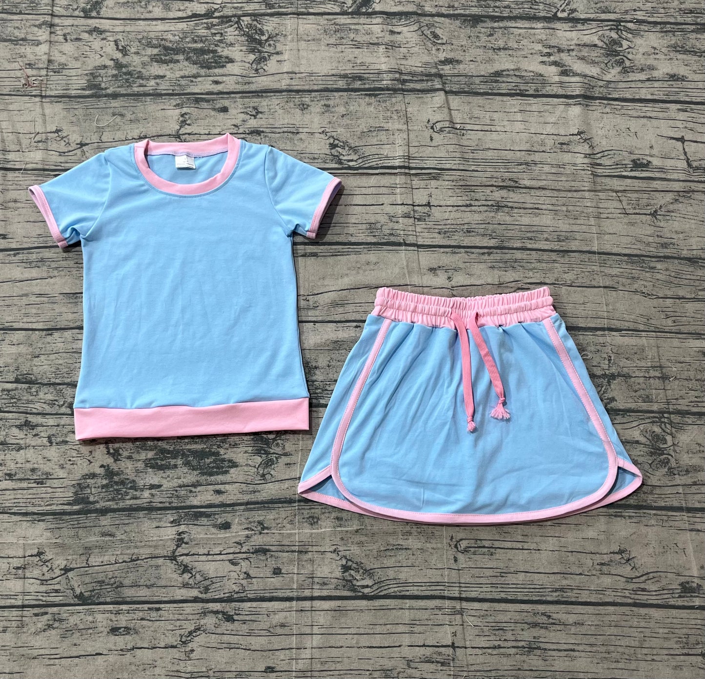 Baby Girls Kids Short Sleeves Shirt Skirt Shorts Blue Cotton Clothes Set RTS