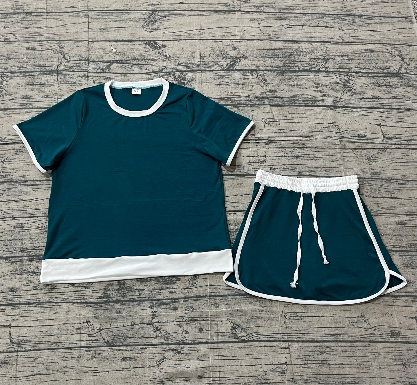 Adult Women Short Sleeves Shirt Shorts Green Cotton Clothes Set RTS