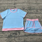 Adult Women Short Sleeves Shirt Skirt Shorts Blue Cotton Clothes Set RTS